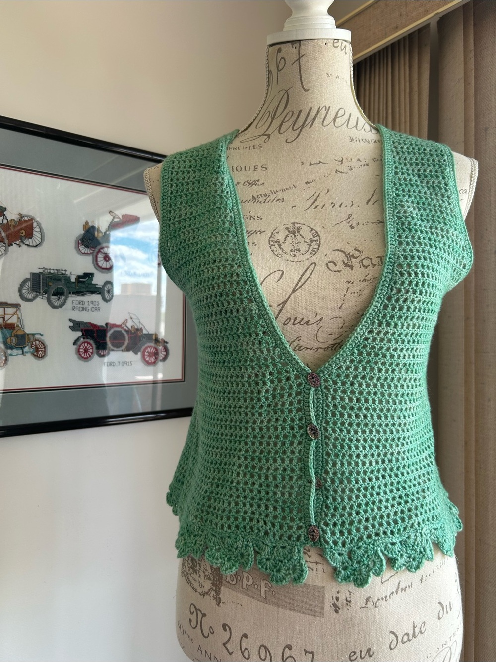 Handmade Crochet Green Button-Front Vest